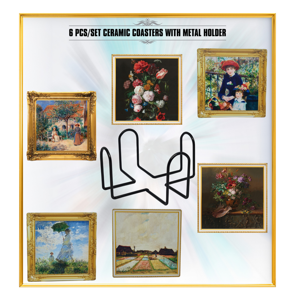 **NEW** Ceramic Coasters with Metal Holder, Set of 6, Cork Backing, Drinks Absorbent - Design: Famous Paintings - Cheers Together Gift House