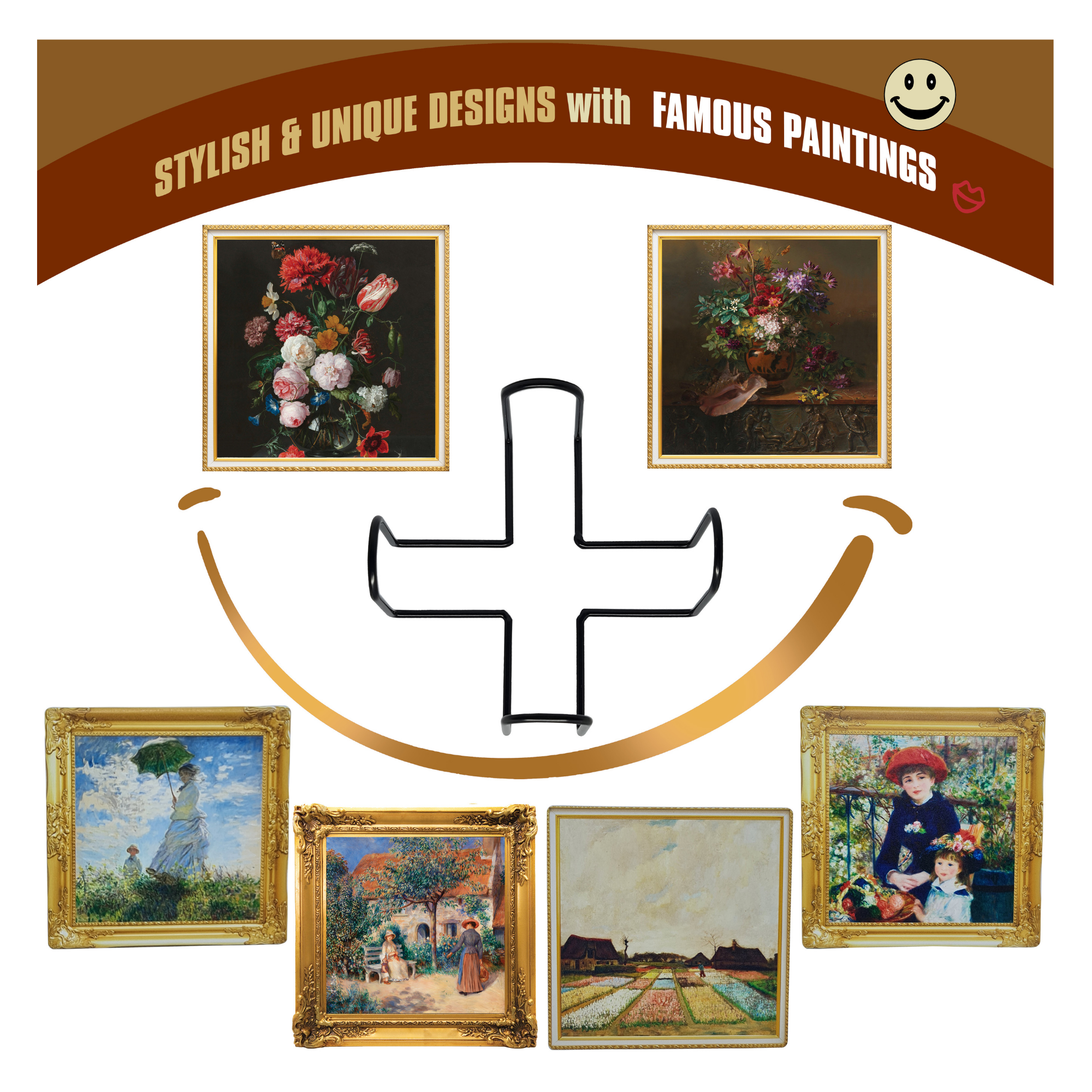 **NEW** Ceramic Coasters with Metal Holder, Set of 6, Cork Backing, Drinks Absorbent - Design: Famous Paintings - Cheers Together Gift House